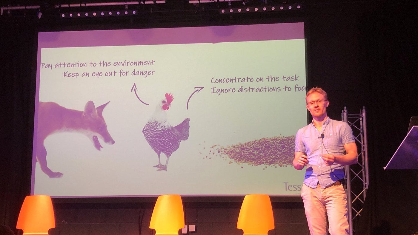 David on stage at Agile on the Beach 2019 in front of a sketch of a fox and a hen